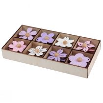 Article Fleurs en bois à suspendre décoration bois violet, rose, blanc 4,5cm 24 pcs