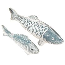 Article Poisson en bois en farine de bois bleu blanc L23cm/35cm Lot de 2
