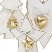 Article Pendentif Noël coeur / sapin / étoile, décoration bois, décoration arbre avec cloches blanc, doré H14.5 / 14 / 15.5cm 3pcs