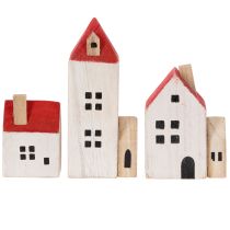 Article Set de maisons en bois décoratives rouges et blanches 13 cm, 6 pièces