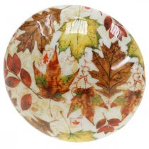 Article Champignon en bois déco feuilles d'automne blanc, décoration automnale colorée Ø13cm H19cm
