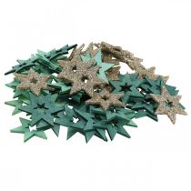 Article Étoiles en Bois à Paillettes Vertes et Dorées, Lot de 72, 4 cm