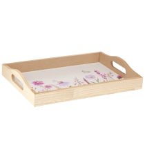 Article Plateau en bois rectangulaire nature fleurs papillon L35cm