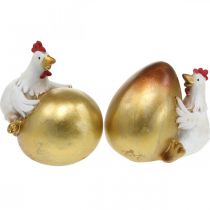 Poules déco avec oeuf de Pâques, poules de Pâques, oeuf doré, décoration Pâques H12/11cm lot de 2