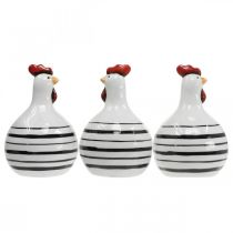 Article Poulet Décoratif Céramique Blanc Rayures Noires Rond Ø 7cm H11cm 3 pcs