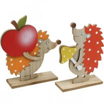 Figurine d&#39;automne, hérisson avec pomme et champignon, décoration bois orange/rouge H24/23,5cm lot de 2