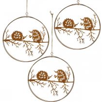 Article Pendentif en métal, hérisson sur branche, décoration automne, anneau décoratif, cadre en acier inoxydable Ø15.5cm 3pcs