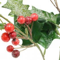 Branche de houx artificielle, baies d&#39;hiver, décorations de Noël, houx enneigé vert, rouge L63cm