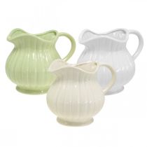Vase déco, cruche avec anse en céramique vert, blanc, crème H14,5cm 3pcs