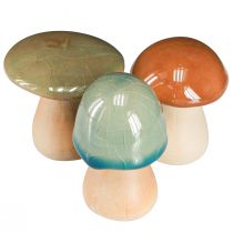 Article Décoration champignons en céramique marron vert bleu décoration automne H6-7.5cm 3 pcs