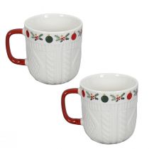 Article Tasse de Noël en céramique avec motif tricoté et décor festif 9cm - rouge-blanc 2pcs