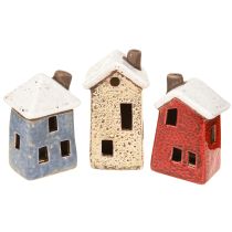Article Décoration de l&#39;Avent en céramique, maison crème rouge gris 8,5/9,5 cm, 3 pièces