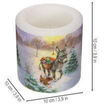 Article Stumpenkerze en cire blanche 10 cm avec motif âne et chien en paysage d'hiver