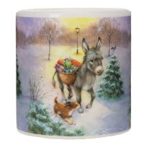 Article Stumpenkerze en cire blanche 10 cm avec motif âne et chien en paysage d'hiver