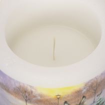 Article Stumpenkerze en cire blanche 10 cm avec motif âne et chien en paysage d'hiver