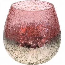 Lanterne en verre, photophore, décoration de table, bougie en verre rose/argent Ø15cm H15cm