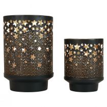 Bougeoir métal noir/étoiles dorées H13,5cm/19cm lot de 2