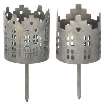 Article Bougeoirs avec Pique en Métal Gris Motif Maisons 6 cm Lot de 2