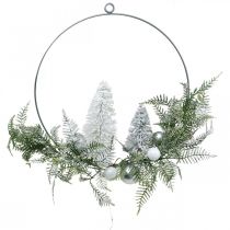 Couronne lumineuse avec sapins et boules, Avent, décoration hiver à accrocher, Anneau décoration LED argent L45cm Ø30cm
