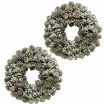 Déco couronne cônes mélèze et cyprès blanc, paillettes Ø20cm 2pcs