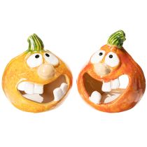 Article Set de 2 porte-bougies citrouille en céramique avec visages amusants - 12 cm