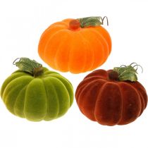 Article Citrouille décorative floquée mix orange, vert, rouge décoration automne 16cm 3 pcs
