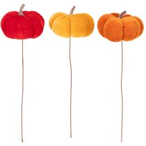 Article Décoration citrouilles en velours sur fil métallisé, 8 cm, set de 9, couleurs rouge, orange et jaune, intérieur