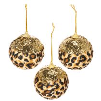 Article Boules de Noël motif léopard avec paillettes dorées 7 cm lot de 3
