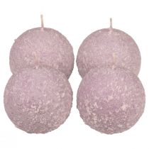 Article Bougies rondes boules de neige violettes à paillettes, 8 cm, lot de 4