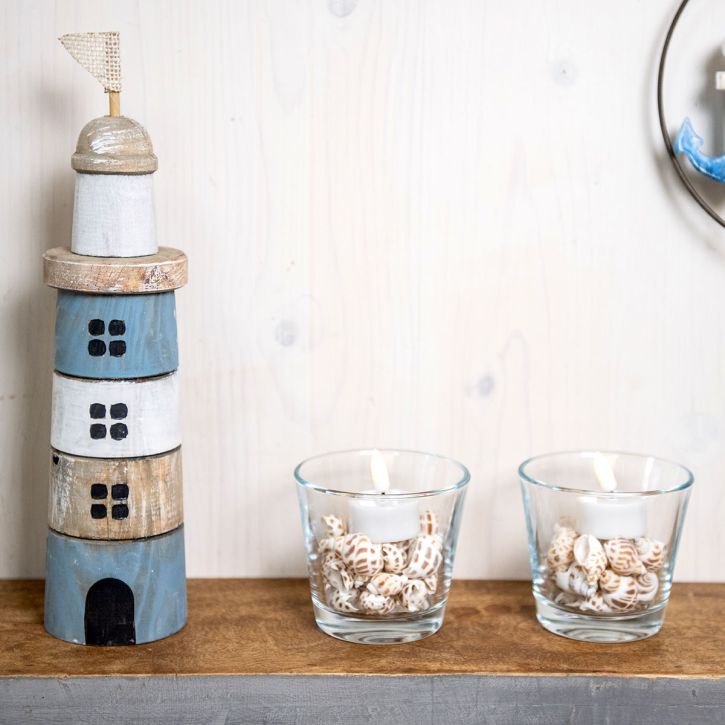 Phare en Bois Déco Bois Maritime Bleu Blanc H30.5cm