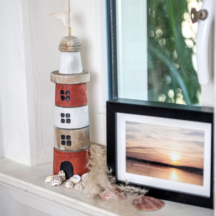 Phare en bois décoration maritime en bois rouge blanc H30,5cm