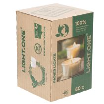Article Bougie chauffe-plat sous étui en papier pour les fêtes et les moments d'ambiance. Lot de 50 bougies de 4 cm.