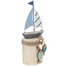 Article Décoration maritime voilier bois avec poisson blanc bleu H24cm