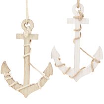 Article Ancre maritime en bois à suspendre blanc naturel 13,5×20cm 2 pcs