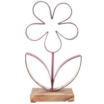 Article Décoration Métal Fleur sur Socle Bois Vieux Rose Argent H29cm