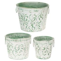 Article Pots en métal avec anses, cache-pots à décor en relief, blanc, vert, style shabby chic, H 20,5/18,5/16 cm, Ø 25,5/20,5/15,5 cm, lot de 3