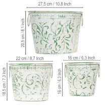 Article Pots en métal avec anses, cache-pots à décor en relief, blanc, vert, style shabby chic, H 20,5/18,5/16 cm, Ø 25,5/20,5/15,5 cm, lot de 3