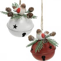 Cloches avec merles, décorations oiseaux, hiver, cloches décoratives pour Noël blanc/rouge Ø9cm H10cm lot de 2