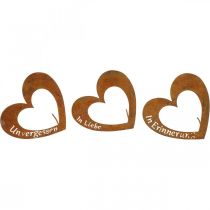 Clous de coeur &quot;En souvenir&quot; &quot;En amour&quot; &quot;Unforgotten&quot;, décoration deuil, patine métal 8×7cm 12 pièces