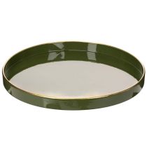 Article Plateau décoratif rond en métal vert avec bord doré, 30 cm