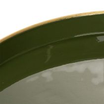 Article Plateau décoratif rond en métal vert avec bord doré, 30 cm