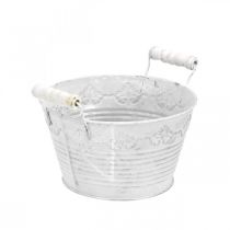Bol décoratif à planter, pot avec anses en bois, décoration métal blanc, argent Ø16,5cm H12,5cm L20cm