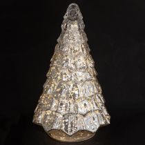 Article Mini sapin décoratif en verre avec éclairage LED finition argent et or 28 cm