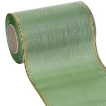 Article Ruban moiré vert sauge à bordure dorée, 150 mm x 25 m, ruban décoratif pour la confection de couronnes et d'œuvres florales