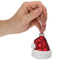 Article Boules de Noël en verre 8cm chapeau de Père Noël rouge et blanc, lot de 6