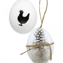Décoration de Pâques, œufs de poule à suspendre, œufs décoratifs plumes et poule, marron, bleu, blanc, lot de 6