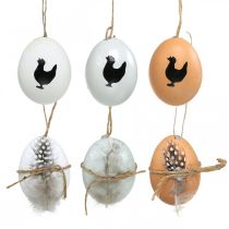 Décoration de Pâques, œufs de poule à suspendre, œufs décoratifs plumes et poule, marron, bleu, blanc, lot de 6