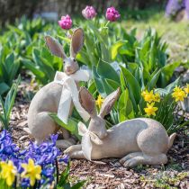 Lapin de Pâques couché avec noeud Décoration de Pâques en polyrésine 28cm