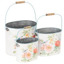 Article Set de 3 seaux ovales en métal décor floral vintage pour plantes (26/22/17 cm)