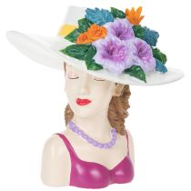 Article Vase décoratif représentant une femme coiffée d'un chapeau, avec des fleurs, pour l'intérieur et l'extérieur, 20 cm.